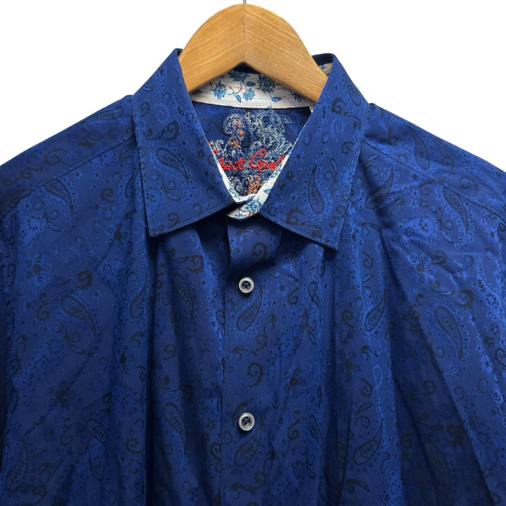 Robert Graham Mens Sz XL Classic Fit Blue AOP Paisley Flip Cuff Cotton Shirt euc